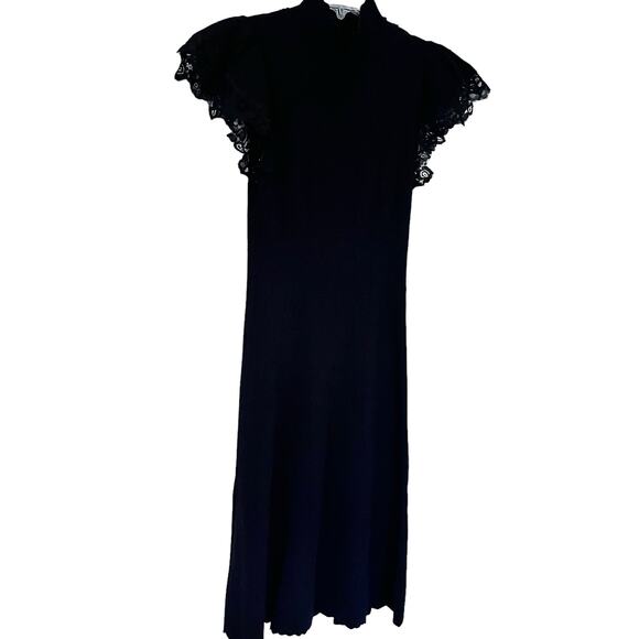 Rebecca Taylor Black Pointelle Knit Lace Trim Mock Neck Sweater Dress Size M - Picture 3 of 13